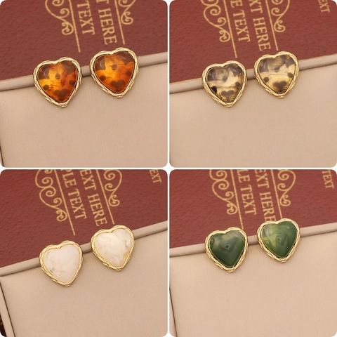 Pendientes De Botón De Corazón Vintage Acero Inoxidable Chapado En Oro Textura Resina Ámbar Mármol Estilo Maillard Mujer