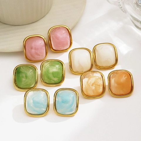 Fashion Stainless Steel Gold Plated Stud Earrings For Women Square Water Drop Resin Marble Pattern Retro Geometric Jewelry