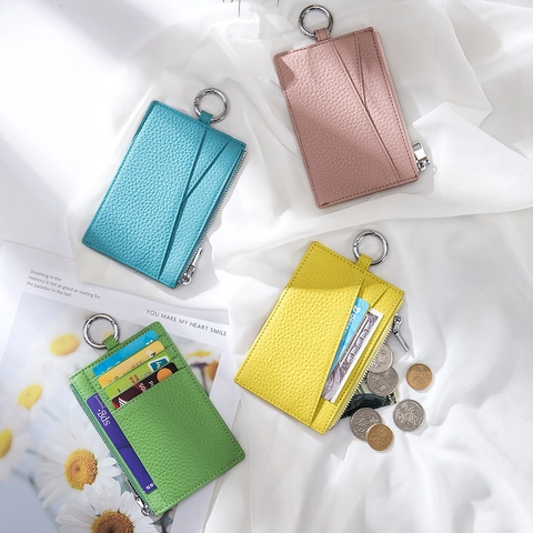 Genuine Cowhide Leather Card Holder Wallet Litchi Texture Zipper Coin Purse RFID Blocking Ultra Thin With Key Ring