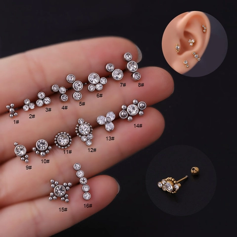 Stainless Steel Ear Cartilage Studs With Zircon Fashion Piercing Jewelry Screw Ball Back Geometric For Women Men