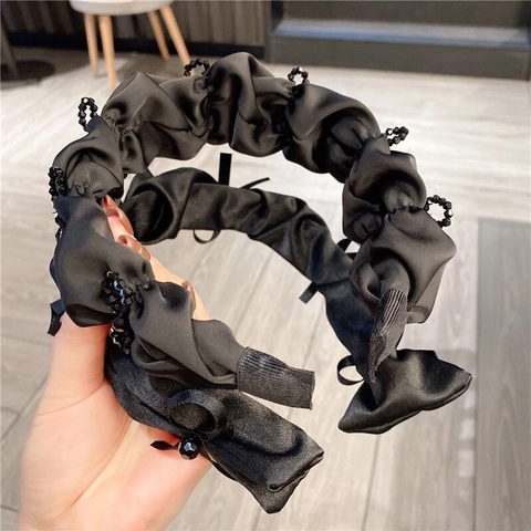 Diadema De Satén Plisada Elegante Cinta Para El Pelo De Color Sólido Con Diamantes De Imitación De Cristal Lazos De Cuentas Accesorios Para El Cabello Hechos A Mano Para Mujeres
