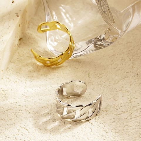 Retro Cuban Chain Open Ring Stainless Steel Hollow Adjustable Geometric Fashion Jewelry For Women And Girls