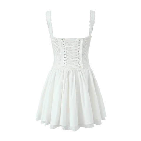 Mini Dress Cotton Lace Trim Camisole Pleated Corset Waist Bow Balletcore Gothic Lolita Style For Women