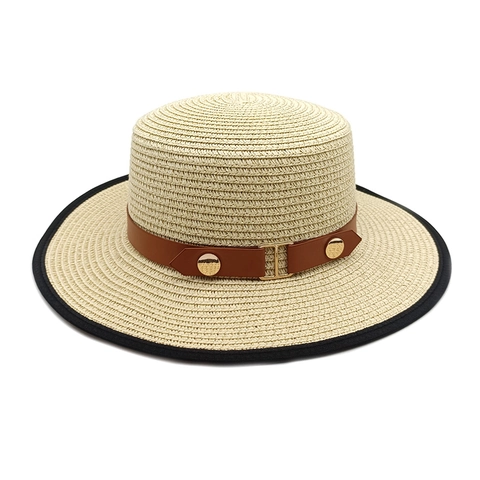 Damen Strohhut Boater Hut Sommer Strand Sonnenhut Mit Lederband Und Schwarzem Rand Flaches Top Breiter Rand