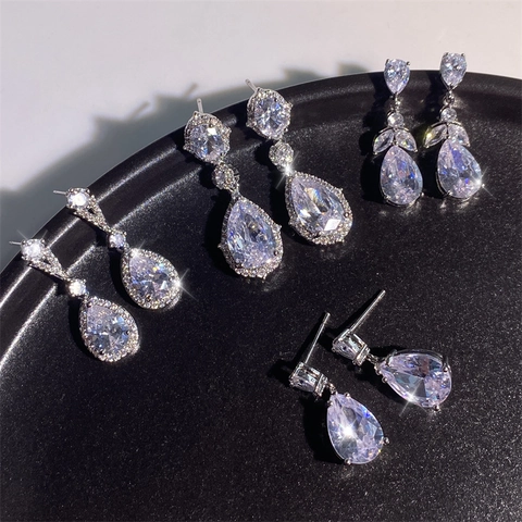 Elegant Copper Zirconia Water Drop Earrings For Women Korean Minimalist Pear Shaped Dangle Earrings For Wedding Party
