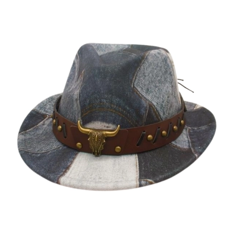 Cappello Cowboy Western Per Bambini Stampa Denim Patchwork Con Fibbia Testa Di Toro Fascia Pelle Borchie Fedora