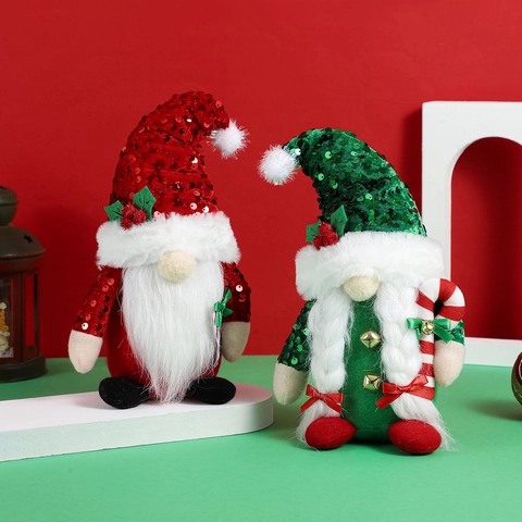 Gnomo di Natale con Cappello di Paillettes Bambola Rudolph Senza Volto Statuetta Decorazione da Tavolo Ornamento per la Casa Rosso Verde