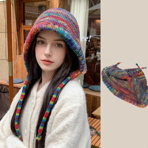 Gorro de Punto a Rayas de Arcoíris de Invierno para Mujer Protección de Oídos de Ganchillo Con Cordón Color de Contraste