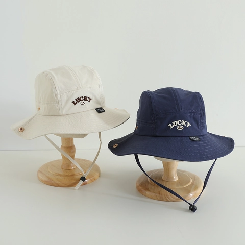 Kids Bucket Hat Cotton Polyester Sun Protection Outdoor Fisherman Cap With Adjustable Wind Cord Lucky Smile Embroidery