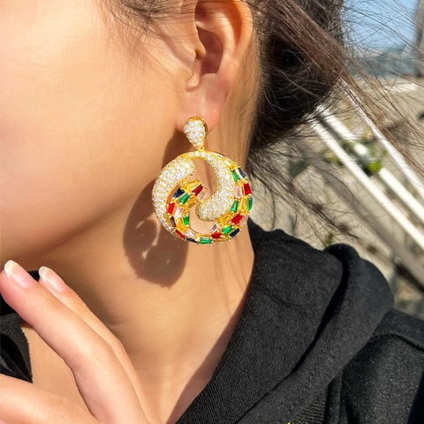 Luxury Copper 18K Gold Plated Multicolor Zirconia Hoop Earrings Vintage Spiral Vortex Drop Earrings For Women Party Jewelry