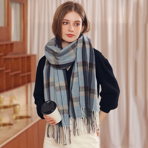 Imitation Cashmere Scarf Color Block Plaid Shawl With Tassels Soft Warm Winter Wraps For Women Fashionable Elegant