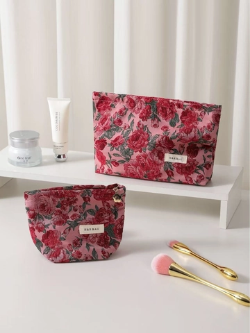 Vintage Rose Floral Jacquard Makeup Bag Portable Travel Toiletry Storage Pouch Large Capacity Cosmetic Organizer Women