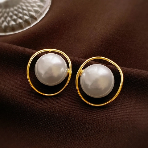 Orecchini A Lobo Geometrici Minimalisti Con Imitazione Perla Artificial Lega Placcata Oro E Perno In Argento Per Donna Elegante Francese