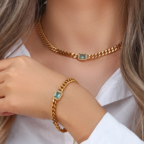 Stainless Steel Cuban Link Necklace And Bracelet With Rectangular Zirconia Gold Plated Geometric Pendant Daily Jewelry For Women