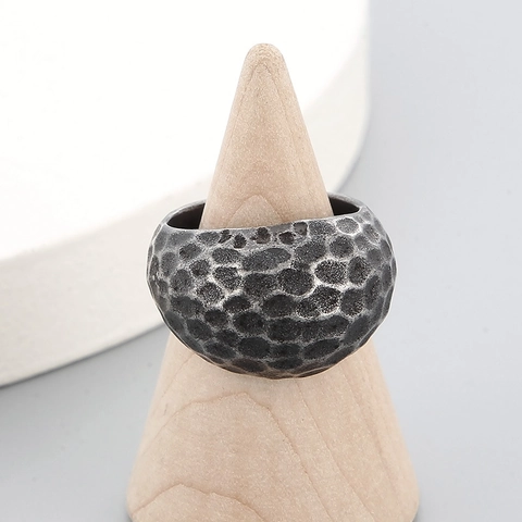Anello Texture Martellata Vintage Distressed Acciaio Inossidabile 316L Banda Larga Punk Stile Gioielli Uomo Donna