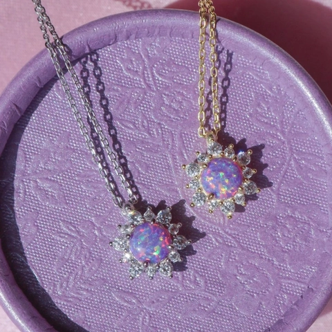 Collana Con Ciondolo A Raggiera In Opale Vintage Micro Zirconi Rame Fiore Di Sole Gioielli Per Donna