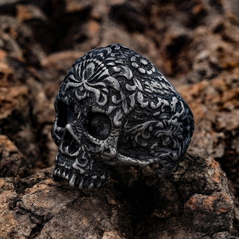 Anello Teschio Da Uomo In Acciaio Inossidabile Vintage Gotico Punk Biker Gioielli Con Motivo Floreale A Rilievo