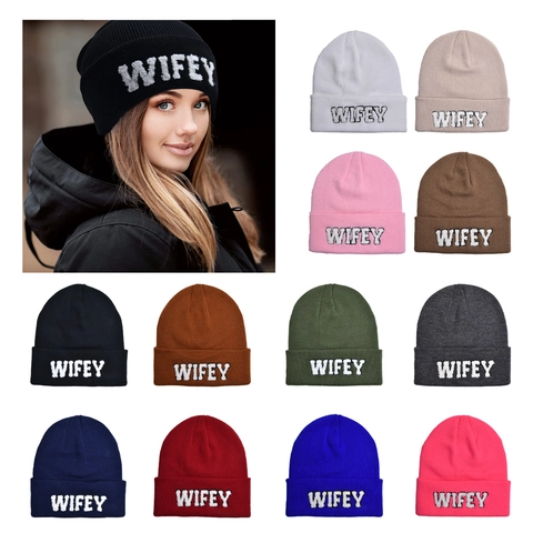 Wifey Letter Embroidered Cotton Knit Beanie Hat Winter Warm Outdoor Cuffed Solid Color For Women