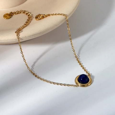 Französisches Retro 14K Vergoldetes Edelstahl Rundes Blaues Lapislazuli Edelstein Glücksarmband Für Frauen Wasserdicht