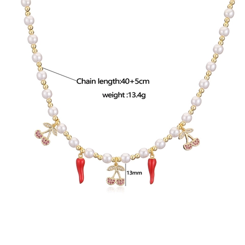Sweet Copper Fruit Pendant Necklace With Artificial Pearl Red Cherry Strawberry Chili Charms For Women Dainty Fashion Jewelry