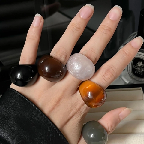 Bagues En Résine Rétro Pour Femmes Vintage Chunky Band Géométrique Minimaliste Chic Haute Brillance Bijoux