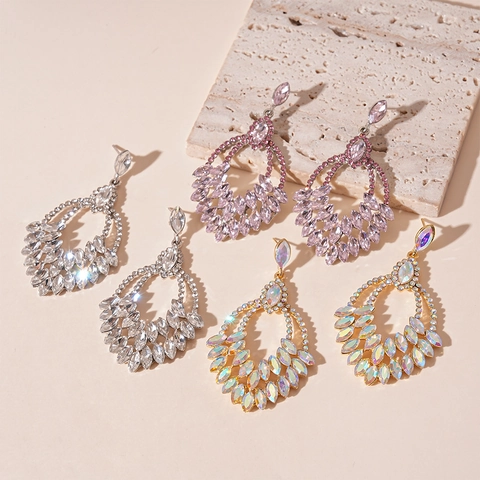 Luxury Rhinestone Wheat Leaf Teardrop Earrings Alloy Hollow Multi Layer Jewelry With Silver Earring Post For Women