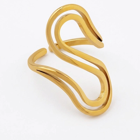 Anello Aperto A Forma Di S Ondulato Acciaio Al Titanio Placcato Oro 18K Gioielli Geometrici Minimalisti Da Donna