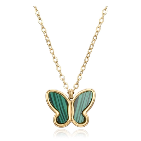 Butterfly Pendant Necklace And Stud Earrings Jewelry Stainless Steel Shell Malachite Texture Inlay Elegant Fashionable For Women