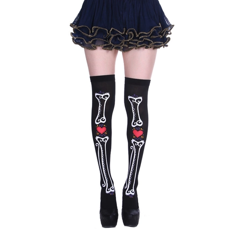 Halloween Over The Knee Socks Polyester Thigh High Stockings Blood Stains Skeleton Bone Print Nurse Cross Poker Costume Party Props Gothic Spooky Women
