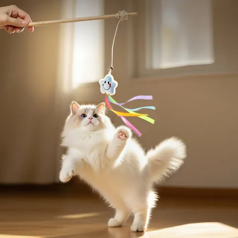 Bacchetta Giocattolo Per Gatti Manico In Legno Pendente Animale Peluche Con Campanellino Piuma Nastro Accessorio