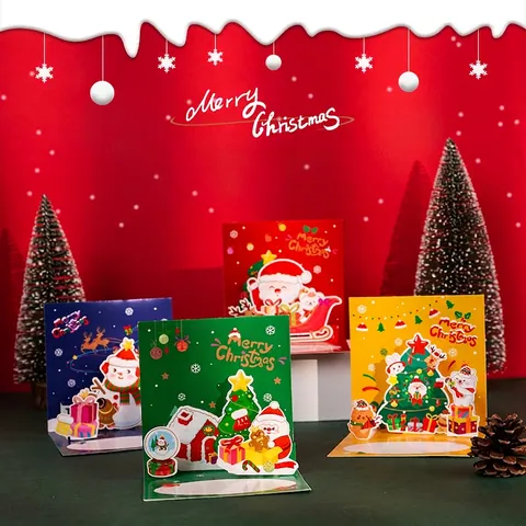 Christmas Greeting Card 3D Pop Up Creative Holiday Blessing Message Cardboard With Envelope Sticker Santa Tree Snowman