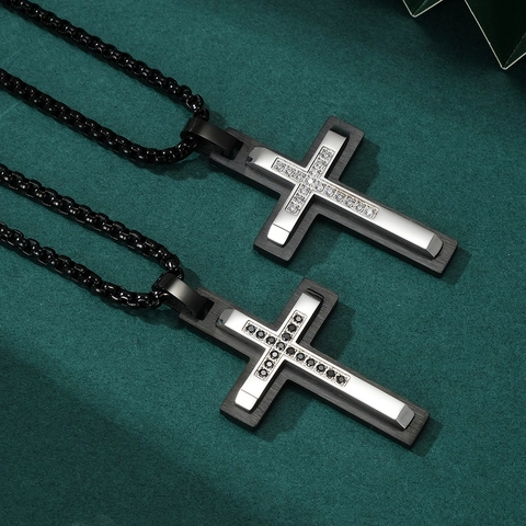 Gelaagde Kruis Hanger Ketting Voor Heren Roestvrij Staal Titanium Staal Cubic Zirconia Hip Hop Trendy Sieraden