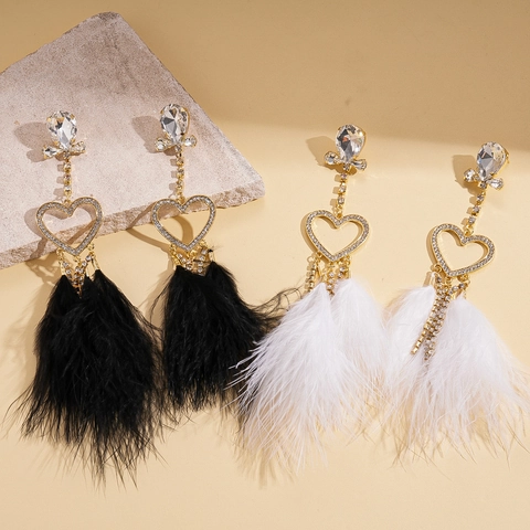 Heart Dangle Earrings With Feather Tassel And Rhinestones Alloy Fashion Jewelry With Silver Earring Post For Women Elegant