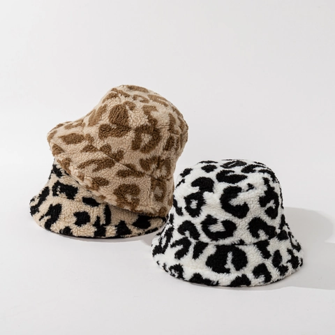 Leopardenmuster Kunstlammwolle Fischerhut Winter Warm Flauschig Dick Schick Winddicht Outdoor Damen Herren