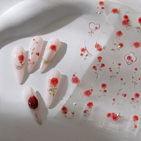 Pegatinas Uñas Rosa Roja Relieve 3D Autoadhesivo Vintage Guirnalda Flores Perla Artificial Decoración DIY Manicura Elegante