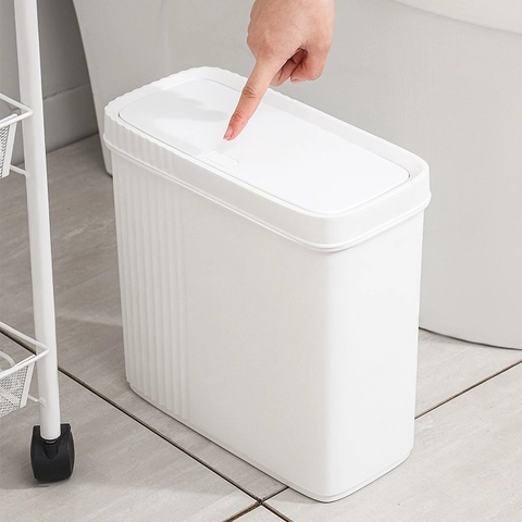 Narrow Slim Trash Can PP Plastic Press Lid Garbage Bin For Bathroom Kitchen Modern Minimalist Stripe Texture White