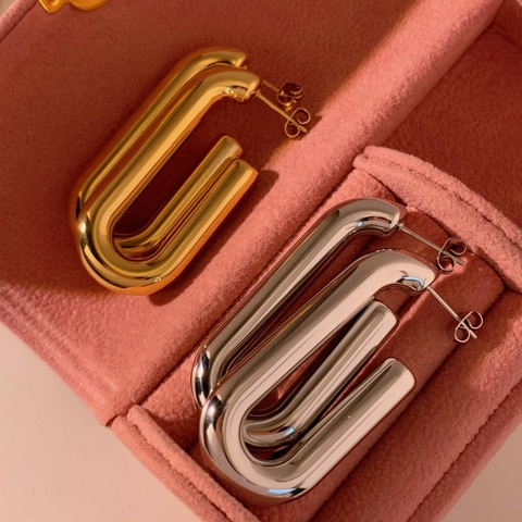 Chunky U Shaped Hoop Earrings Stainless Steel Polished Geometric Hollow Hypoallergenic Waterproof Trendy For Women