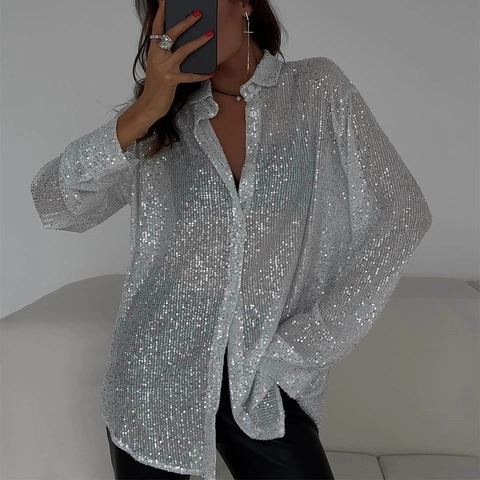 Women Sequin Long Sleeve Shirt Lapel Button Down Top Sparkly Glitter Blouse Casual Streetwear Party Shiny Cardigan Jacket