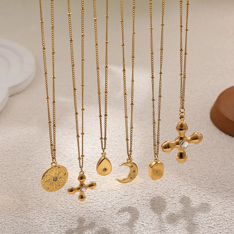 Collana Con Pendente Acciaio Inossidabile Placcato Oro 18K Zircone Stella Luna Croce Geometrico Catenina Con Sfere