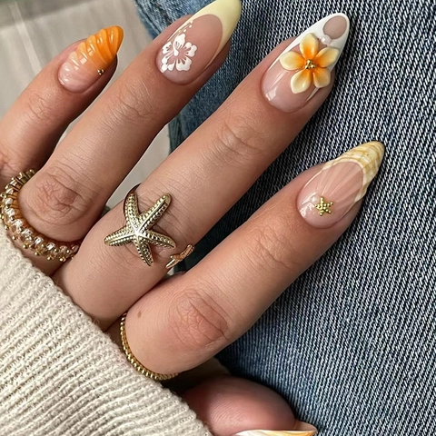 Sunset Orange Gradient Press On Nails 3D Flower Sea Star Decor Almond Shape French Style Elegant Women