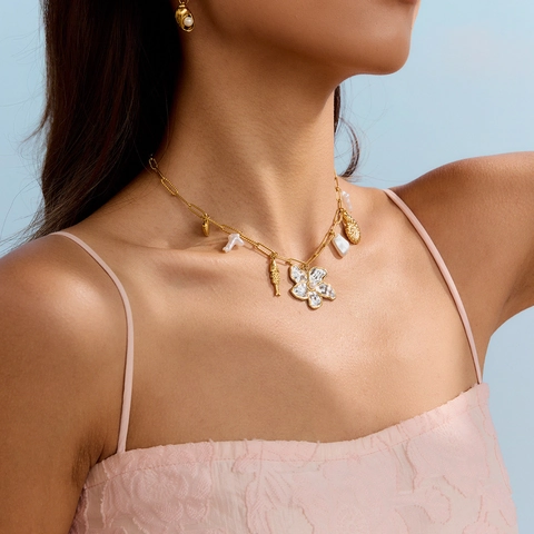 Collar Con Colgante De Acero Inoxidable Bañado En Oro De 18K Cadena De Clip Perla Artificial Flor Concha Pez Charms Joyería Verano