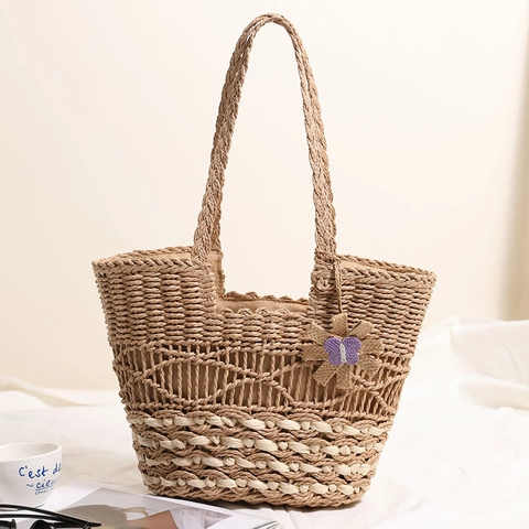 Bolso De Hombro De Paja Para Mujer Calado Gran Capacidad Decoración De Flores Bolso De Playa Vacaciones