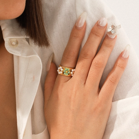 Floral Artificial Pearl Stainless Steel Ring Bohemian Vintage Adjustable Open Band Fashion Jewelry Gift For Women Girls