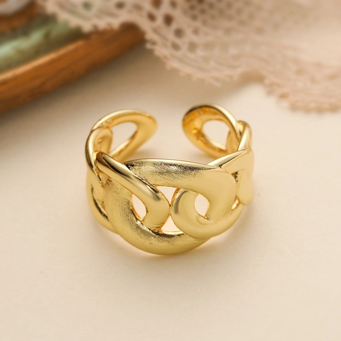 Anello Aperto Geometrico Irregolare Rame Placcato Oro 18K Regolabile Spazzolato Lucidato Gioielli Retrò Per Donne