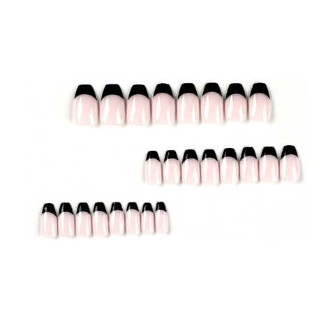 Faux Ongles Press On Nails Style Français Court Coffin Pointes Noires Base Rose Nude Pour Femmes