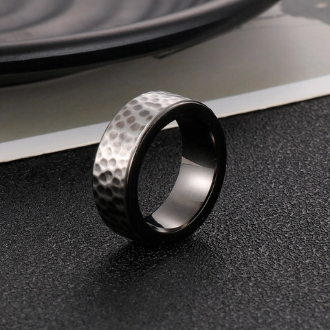 Gehämmert 316L Edelstahl Ring Für Männer Breites Band Minimalistischer Industrieller Stil Zweifarbig Vintage Schmuck