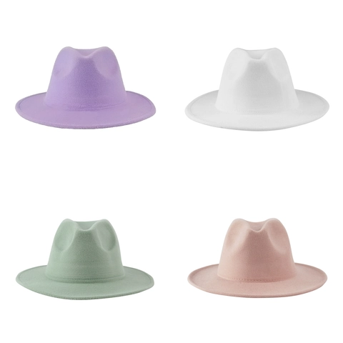 Solid Color Fedora Hat Wide Brim Cotton Polyester Felt Pinched Crown Vintage Elegant Jazz Cap For Men Women