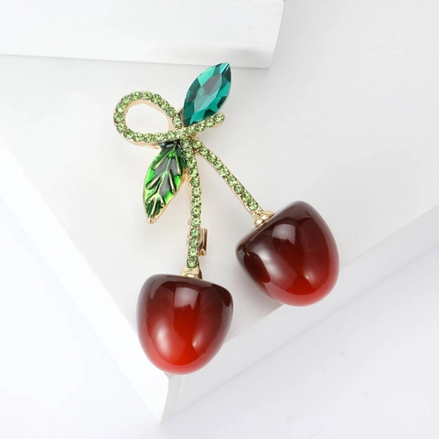 Broche de Cereza Lindo para Mujeres Hoja de Esmalte Verde Fruta Roja Strass Incrustado Aleación Pin Joyería de Moda Decoración de Ropa Regalo