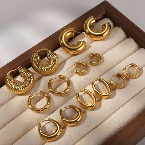 Minimalist Stainless Steel Hoop Earrings For Women Gold Plated C-Shaped Geometric Textured Earrings Retro Lightweight Jewelry