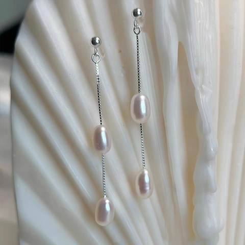 Long Tassel Threader Earrings With Freshwater Rice Artificial Pearls And 925 Sterling Silver Earring Post For Women Minimalist Design